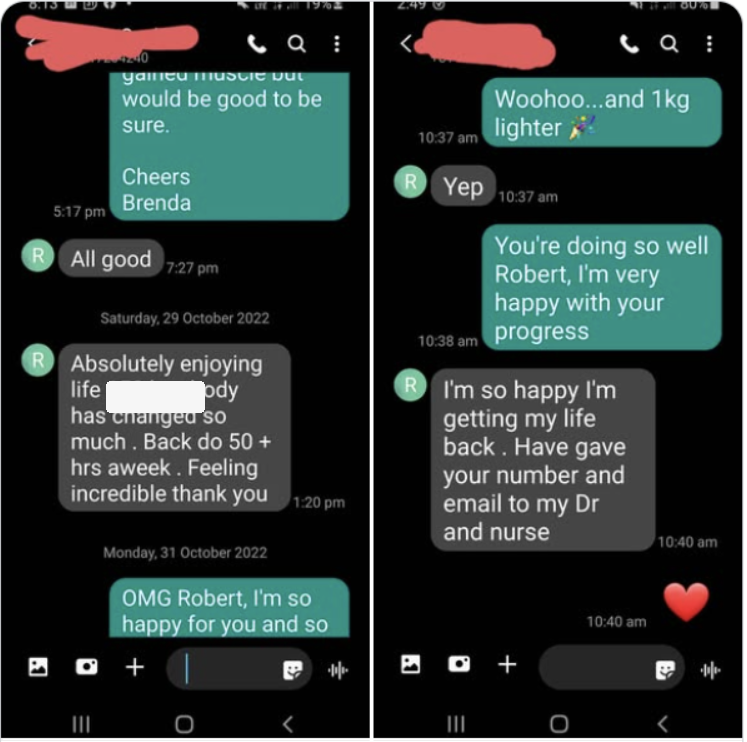 Messages from Robert saying he is enjoying life and getting his life back