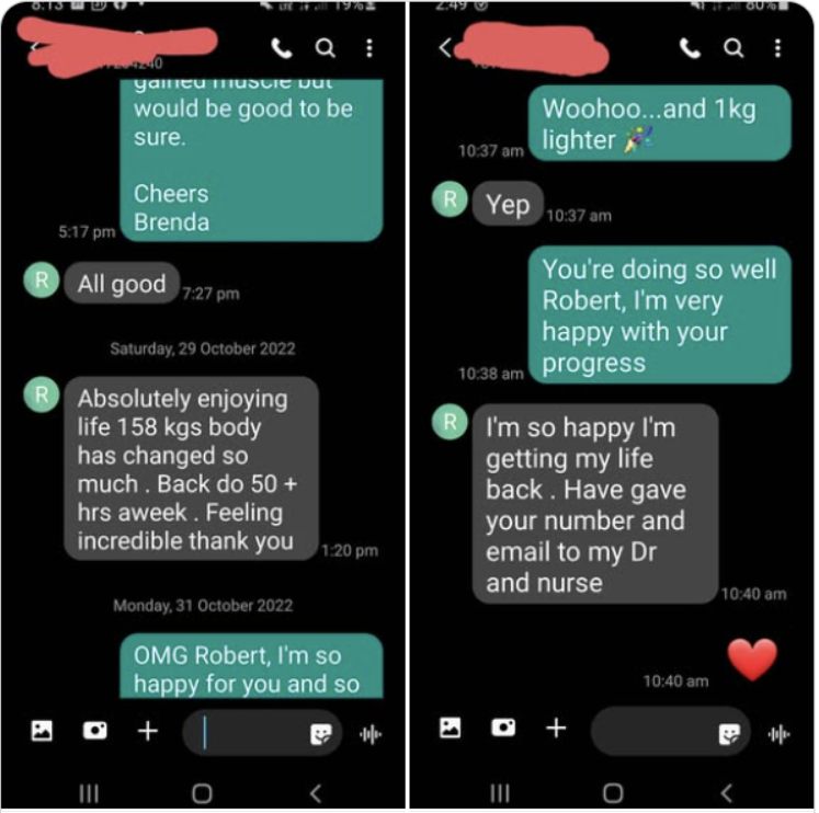 Messages from Robert saying he is enjoying life and getting his life back